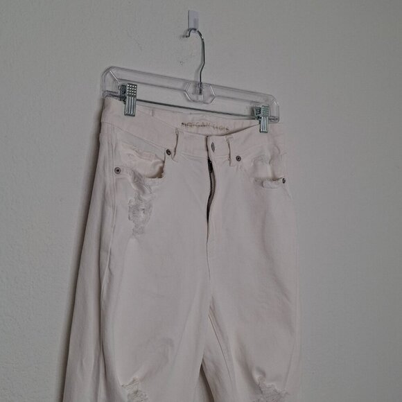 American Eagle Mom Straight Jean Sz 8 X-Short 5 Pocket Distressed Neutral Boho - Picture 5 of 16
